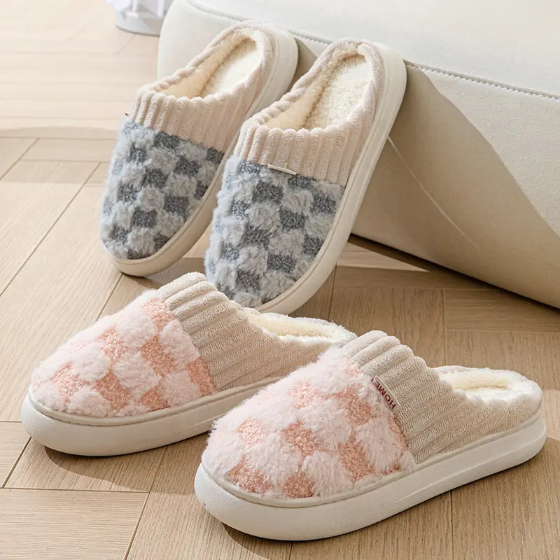 Cozy Plush Indoor Slippers for Women - Soft, Warm, Non-Slip Thick Sole Home Shoes with Ribbed Cuffs, Checkered Pattern, and Elastic Fit in Beige, Pink, Green, Brown, and More Colors, House Slippers