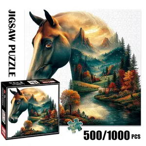 1pc 1000 piece adult puzzle 58x58cm Horse Head with Mountainous Landscape and Forest Scene 500 pieces paper jigsaw puzzle suitable for DIY creative games for adults and families, birthday and holiday