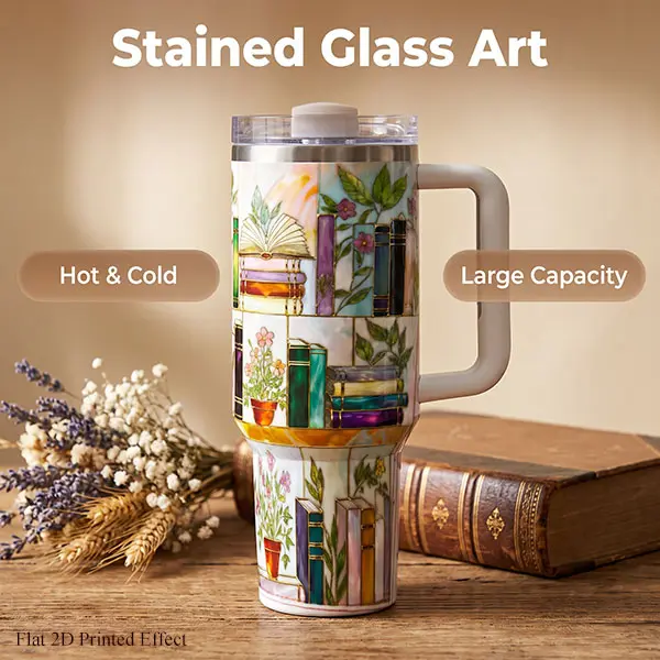 1PC 40oz Stained Glass Book Art Vacuum Flask, Vintage Insulated Stainless Steel Tumbler with Handle, Double Wall Insulation, 24H Cold/12H Hot Retention, No Sweat, Cup Holder-Compatible, Fall Drinkware, Book Lover Gift, Flasks, Travel Mug, Tumbler Shape