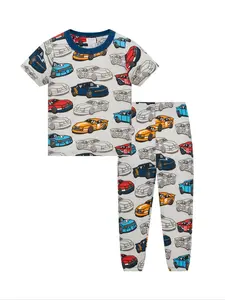Boys' Racing Print Pajama Set, Short Sleeve Sleepwear, Sleepwear For Summer, Light Base with /blue/ Prints, Casual Fitted Style, Sleepwear Pajamas
