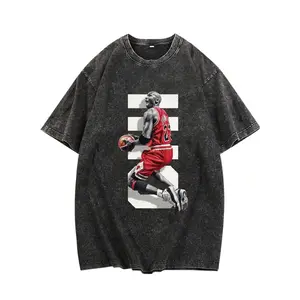 Vintage Distressed Basketball Star Bulls Michael Dunk Print T-Shirt Loose-Fitting Sporty Short-Sleeved Top