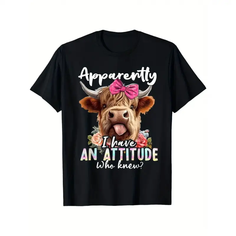 Unisex "Apparently I Have An Attitude Who Knew Sarcasm" Highland Cow Graphic T-Shirt - Menswear, Short-Sleeve, Round Neck, Streetwear, Stylish Sports Top for Outdoor & Casual Wear