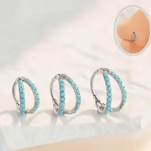 OUFER 20G Turquoise Hinged Segment Nose Piercing Hoop - 316L Corrosion-Free Stainless Steel, 6mm/7mm/8mm Inner Diameter, Boho Hinge Detail, Dainty Gemstone Bohemian Body Jewelry, Daily Wear Hoop Piercing Jewelry