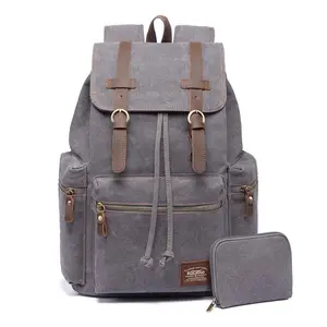 KAUKKO Vintage Casual Canvas and Leather Rucksack Retro Backpack for School Work Travel Hiking, 19L
