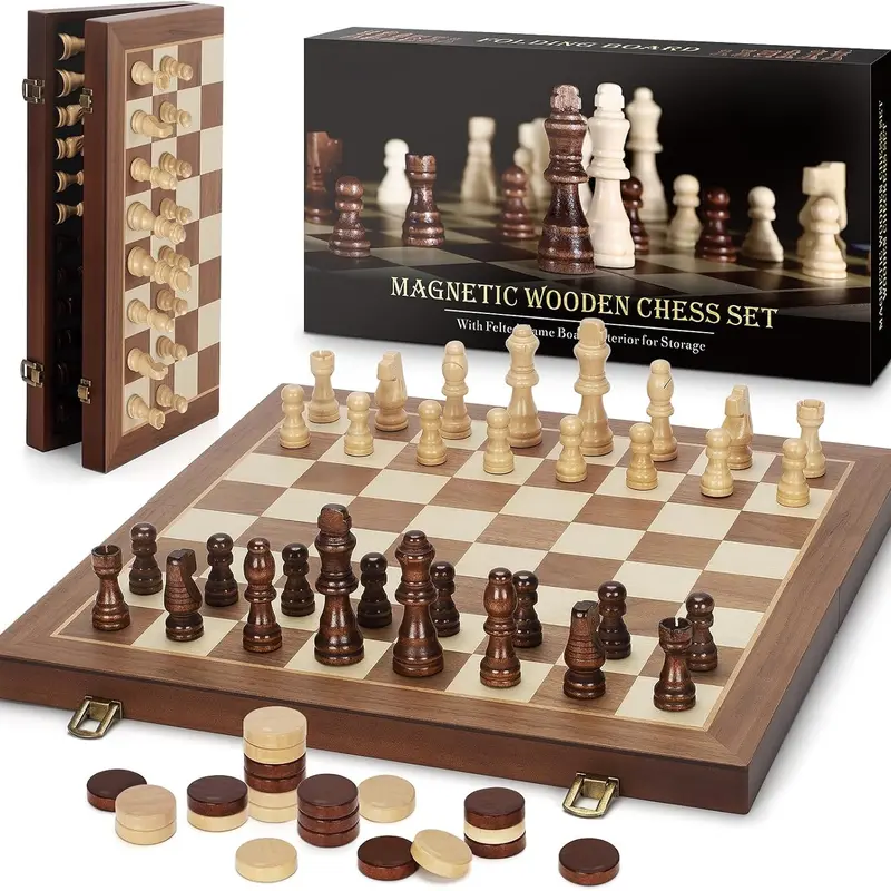 Magnetic Folding Wooden Chess & Checkers Set - 15.4in Walnut Travel Chessboard with Extra Queens, Felt Magnetic Pieces, Folding Lockable Box, Portable Tournament Game for Adults & Kids