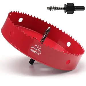 6-1/2 Inch Hole Saw for Wood, 165mm HSS Hole Saw for Recessed Lighting, 35mm Cutting Depth Hole with Hex Shank Bit Adapter for Cornhole Boards Fiberboard, Red