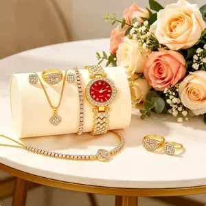 Red Dial Crystal Watch & Jewelry Set | Full Bling 5-Piece Gold-Tone Stack