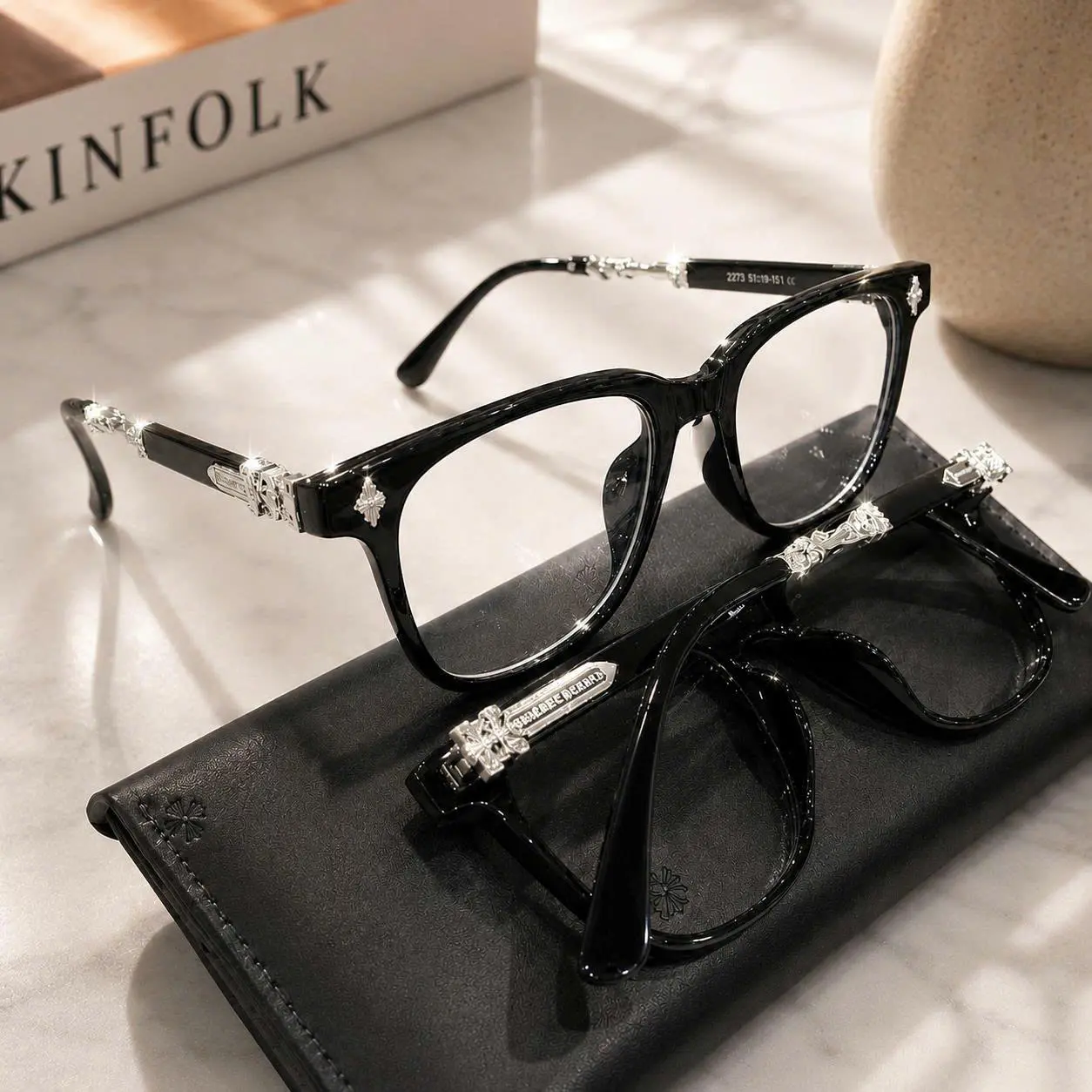 Chrome Hearts Luxury Eyeglasses Unisex Square Clear Lens Black Frame Premium Gold Metal Accent Designer Style Glasses Men Women