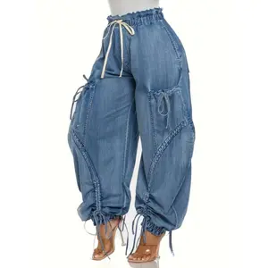 Women’s loose cargo pants with an elastic waistband, drawstring tie, straight legs, high barrel waist, wide leg, and pockets — available in Y2K loose “Harlan” styles.