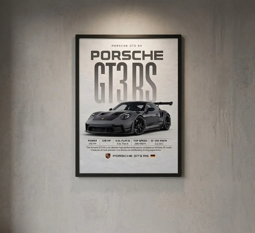 Porsche GT3 RS Canvas Prints Wall Art Supercar Poster For Room Decor, Textured Canvas Wall Decor Eco Friendly Material High Quality, Available in Black Frame Canvas Wrapped or Unframed, Perfect Car Enthusiast Gift