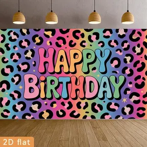 2D Flat Banner 1pc,Banner Featuring a Rainbow Leopard Print with Glittery Spots And Vibrant Retro Text Saying 'Happy Birthday'. This Polyester Backdrop Is Perfect for Event Decorations in Homes, Courtyards, Farms,