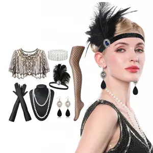 1920s Great Gatsby Flapper Accessories Set, Roaring 20s Costume Kit with Headband, Gloves, Necklace, Fashion Accessories