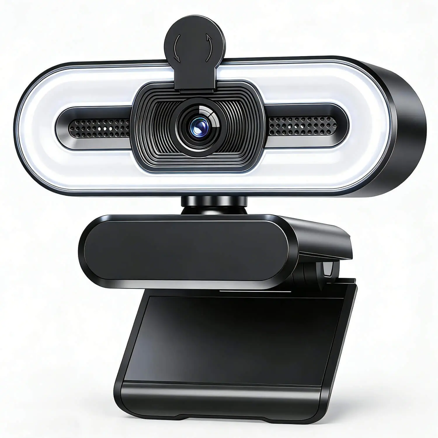 2K Pro Webcam with Microphone, Ring Light & Privacy Cover - Web Camera for Streaming, Work and Home, USB Webcam for PC Laptop Desktop Computer Plug & Play Adjustable Brightness