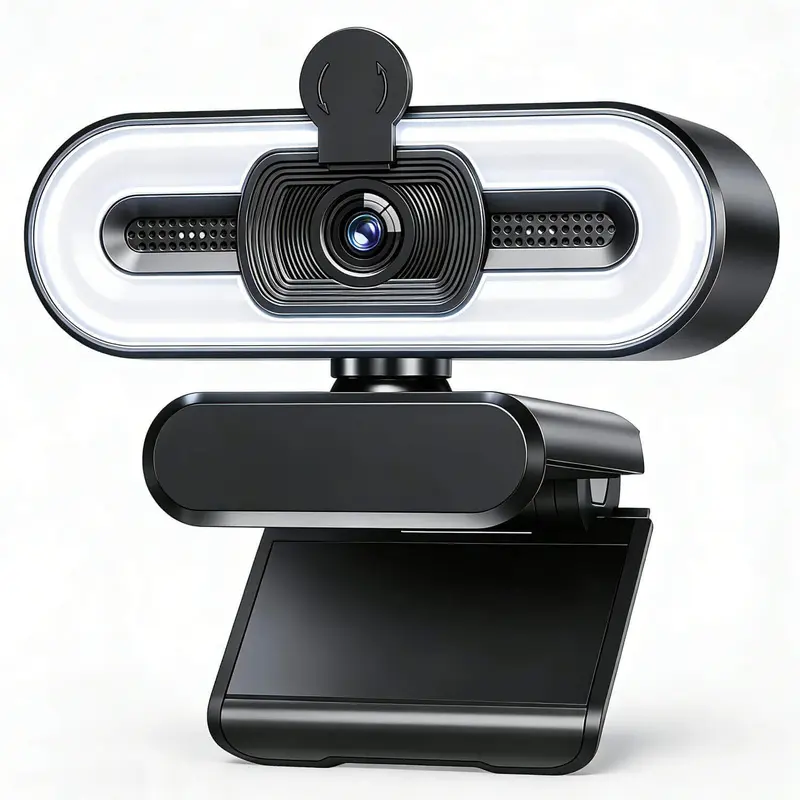 2K Pro Webcam with Microphone, Ring Light & Privacy Cover - Web Camera for Streaming, Work and Home, USB Webcam for PC Laptop Desktop Computer Plug & Play Adjustable Brightness