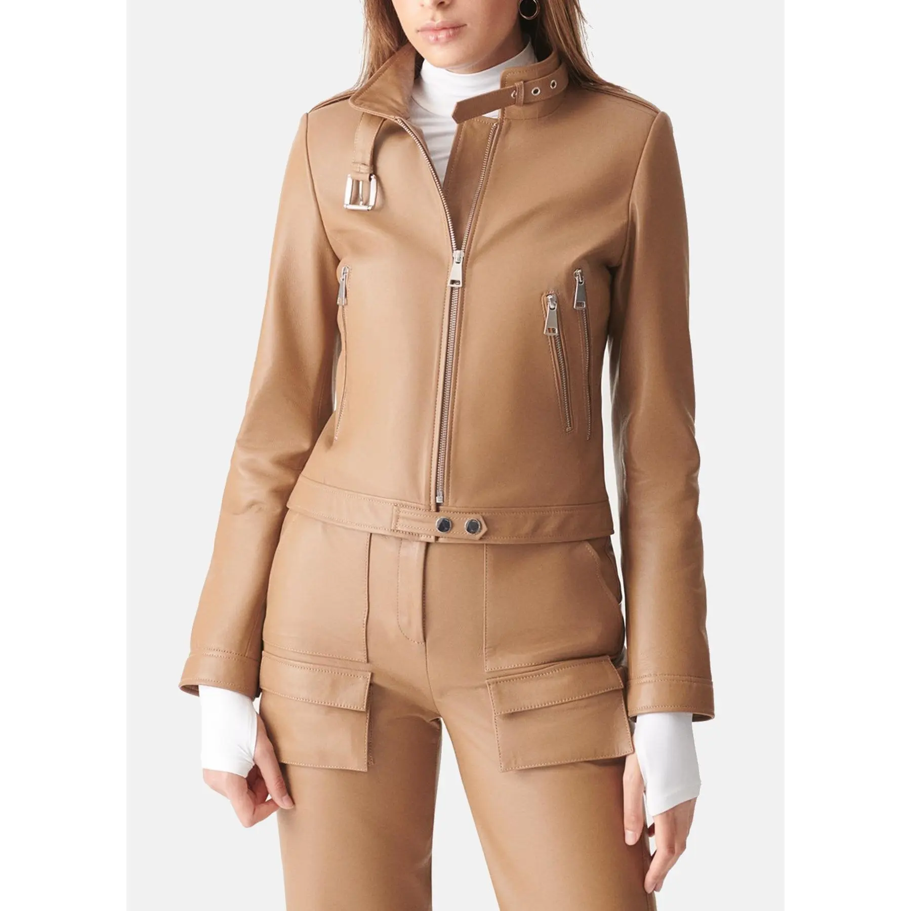 Womens Tan Sports Biker Leather Jacket