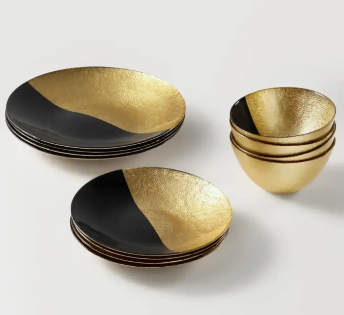 Z Gallerie Gemini 4-Piece Gold-Tone Dinnerware Service Set - Black and Gold Tableware Kit with Cutlery, Glass, and Bowls, Gold-Tone Dinner Sets