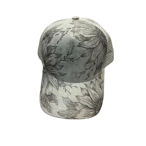 Unisex Grey Sunflower Trucker Hat - Hats for Women, Burnt Flower Design, Adjustable Snapback Band, 1 Size Fits Most, Custom Look, Casual Dome Mesh Fabric Cap