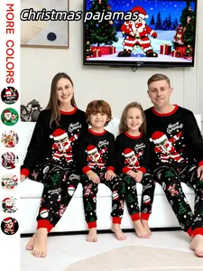 Family Matching Pajamas Set, Blue Cartoon Print, Scarf Snowman Letter Printed Top, Irregular Pants, Casual Home Wear