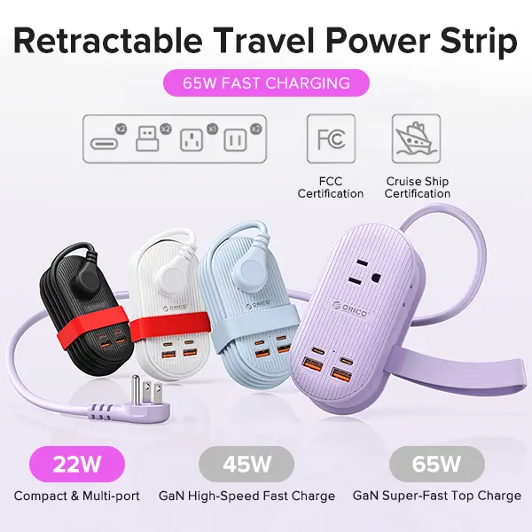 ORICO Upgraded 7-in-1 Travel Power Strip - Travel Power Expander Sockets, 2 Outlets, 4 USB Ports (2 Type-C+2 USB-A), 65W Fast Charging, Flat Plug, Compact for Cruise, Hotel, Dorm-TK