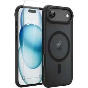Specially Designed for Phone 17 Air case【Compatible with Magnetic】 semi Transparent Shockproof and Fingerprint Resistant Protective case with Glass Screen Protector (Black, Phone 17 Air)