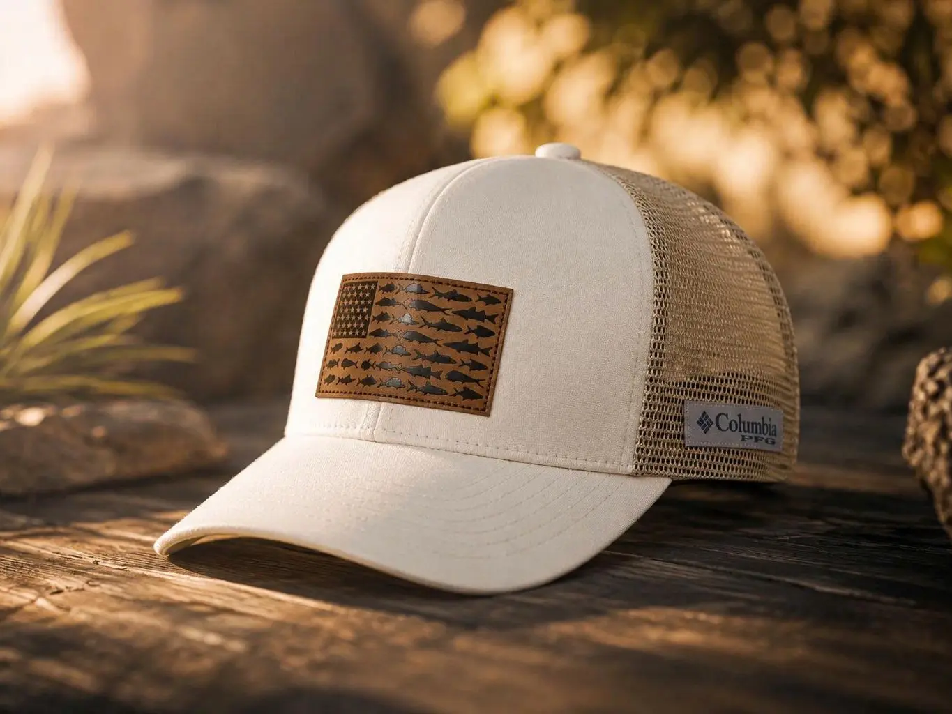 Columbia Men's White Trucker Hat with Fish Pattern Patch and Mesh Back for Outdoor Activities