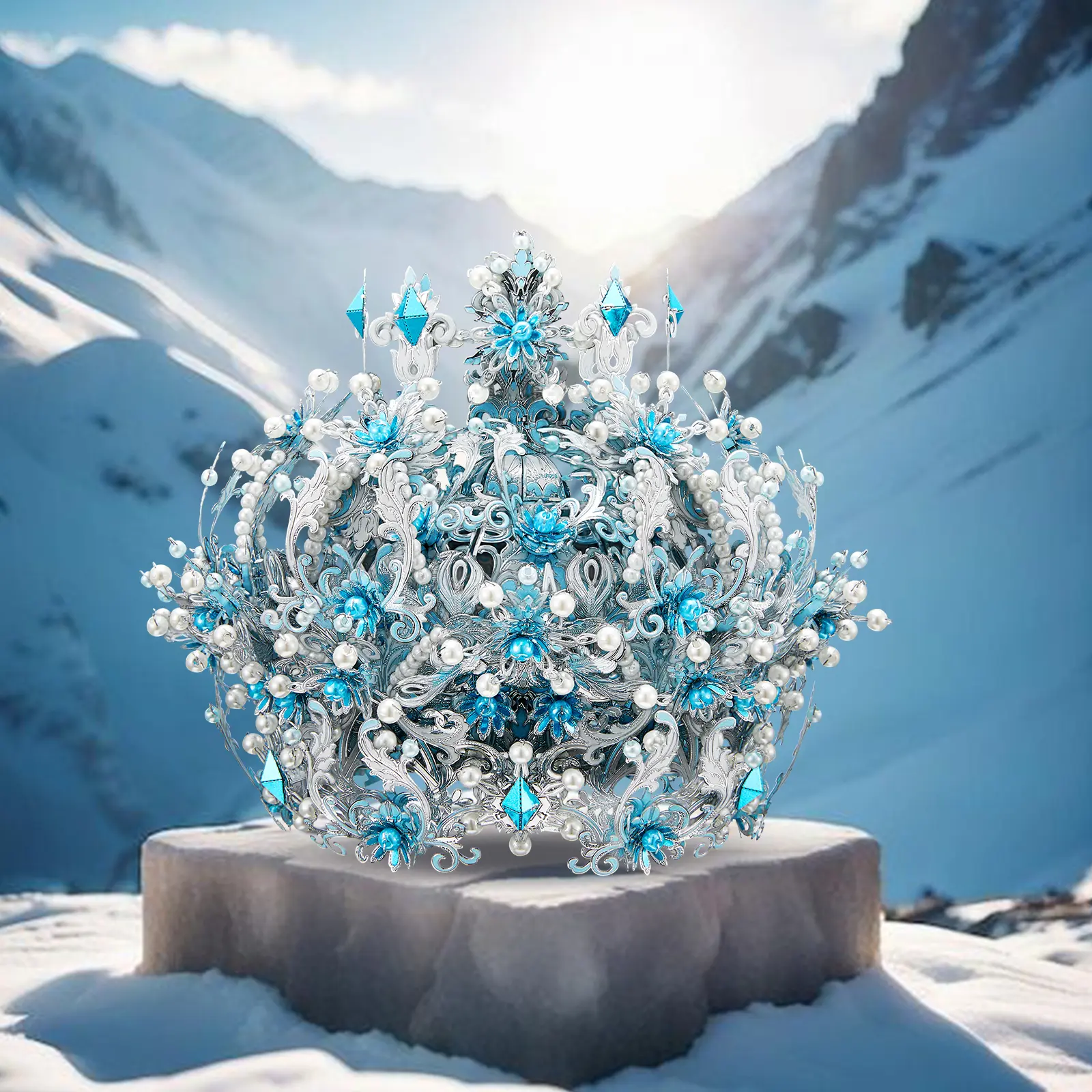 Piececool Expert 3D Metal Puzzle Ice and Snow Crown - Detailed Blue Gems, Pearl Accents, Cube Design - Puzzle Art Gift Kit for Adults, Memory Training and Observation, Rewarding Assembly