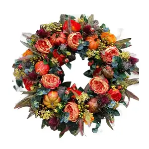 17.7-Inch Autumn Wreath for Front Door Decor, Featuring Pumpkins and Berries, Ideal for Halloween and Thanksgiving, Durable Outdoor Use NONE