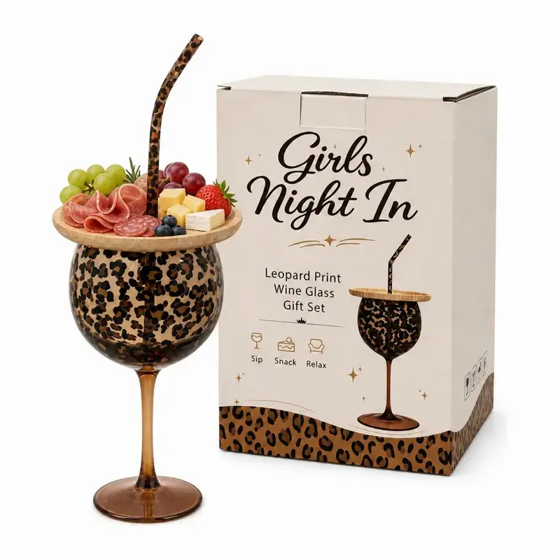 Leopard Print Glass Gift Set (1 Pack) - Multi-Use Top, Wine Goblet, Charcuterie Board, Reusable Straw, Party-Ready Box - Fancy Birthday Party Present for Women, Housewarming, Gifts For Women
