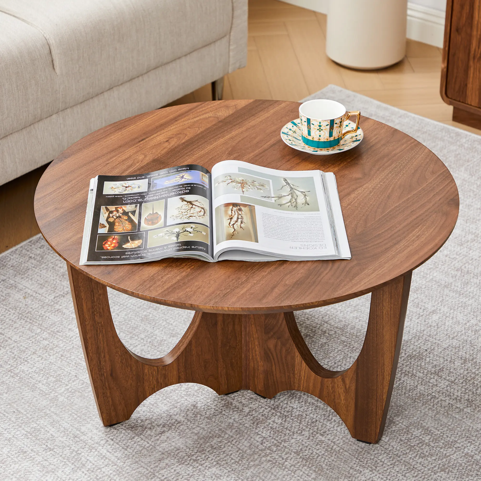 FurSch 27.5" Round Mid Century Coffee Table, Small Space Walnut Accent Center Table with Curved Base for Living Room Coffee Table Set