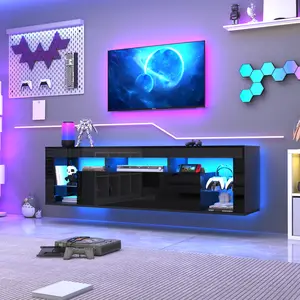 Floating TV Stand for TV's up to 70", Wall Mounted Floating Entertainment Center with LED Lights, Modern Wood TV Cabinet for Living Room, Bedroom, White Marbled