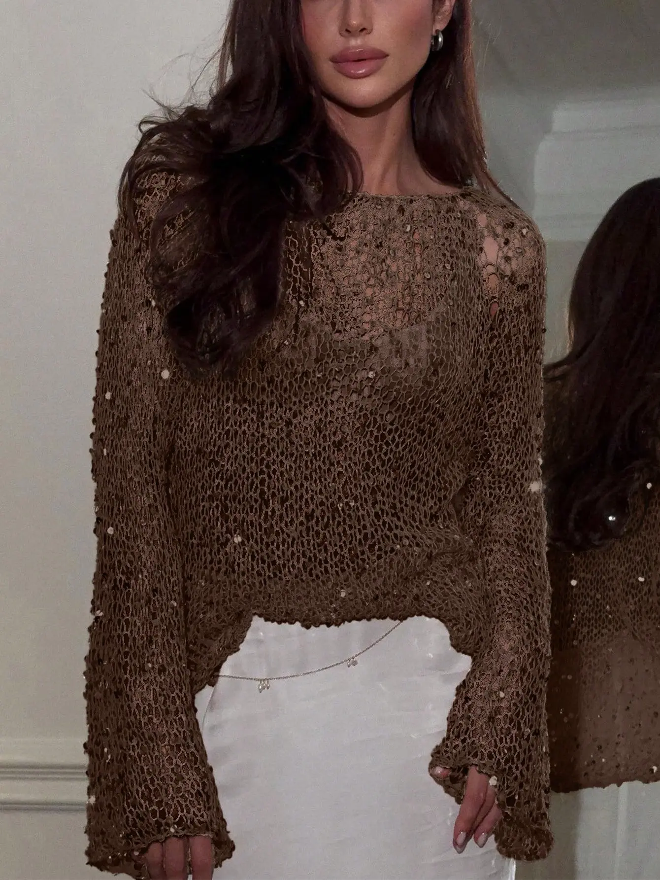 Apperloth Studio Women Knitted Cover-up Sequins Decored Flare Sleeves Pullover Tops