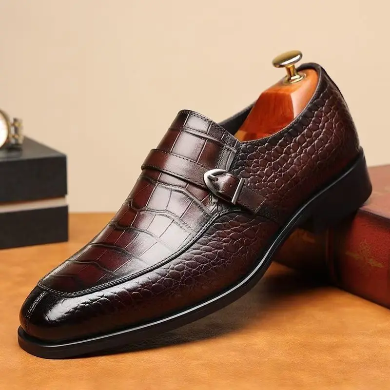 Men's Crocodile-Pattern Buckle Monk Shoes - Luxurious Retro Footwear for Business, Formal, Work, Office Occasions, Elegant Man's Wardrobe Essential