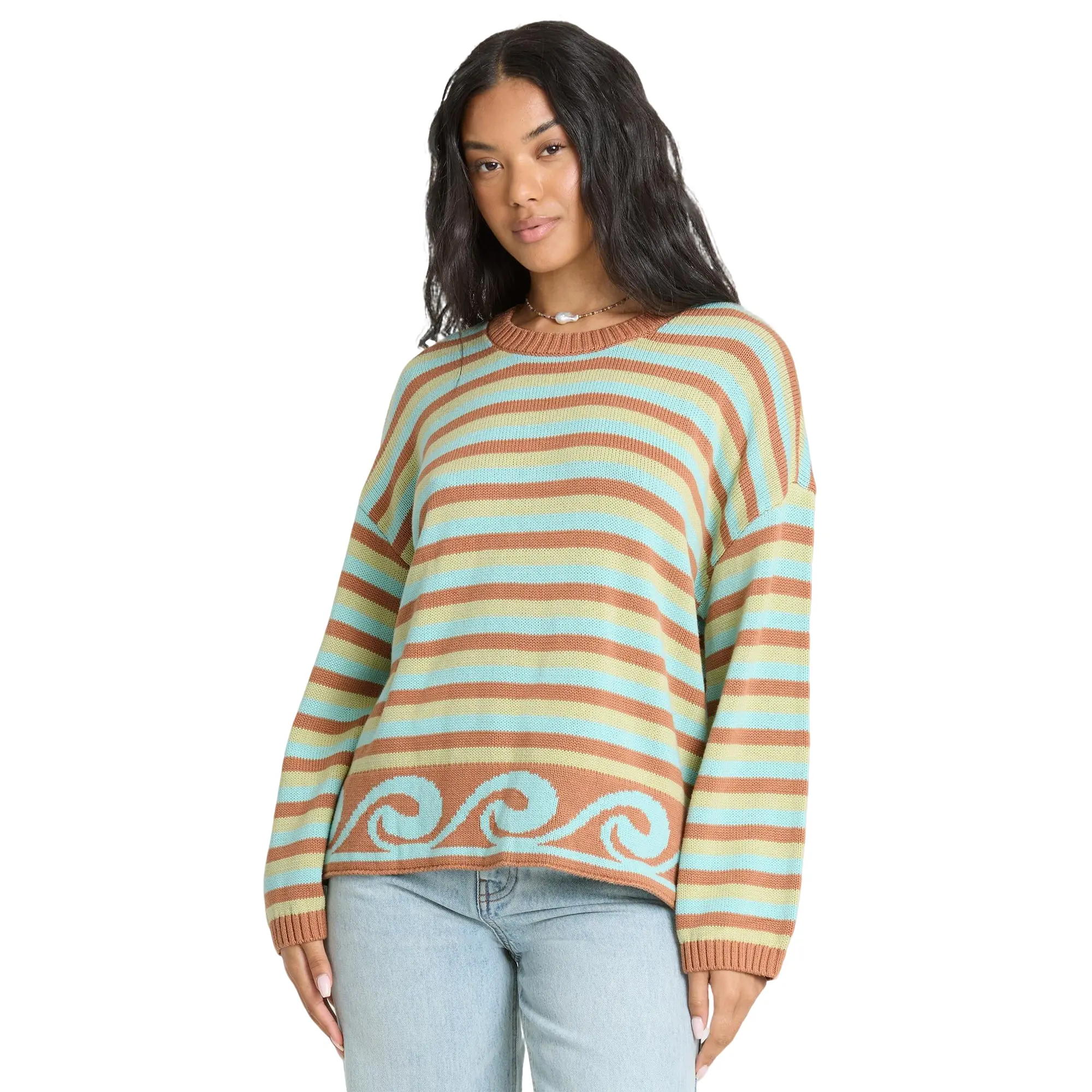 BILLABONG Bayside Crewneck Sweater - Sugar Almond, Women’s Oversized Cotton Jacquard Crewneck Sweater, Long Sleeves, Metal Logo Plate, for Everyday Cozy Streetwear Fall Knitwear Tops
