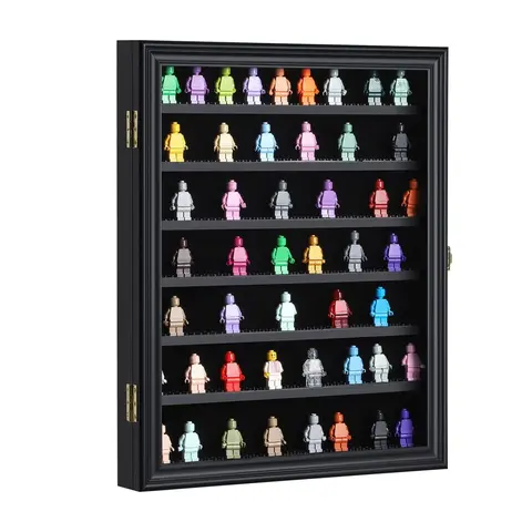 Minifigure Display Case - Miniature Action Figure Display Box - Wall Mount Figures Memorabilia Display Cabinet for with Uv Protected Anti Fade 92% Clear for Small Objects Lockable Large Black