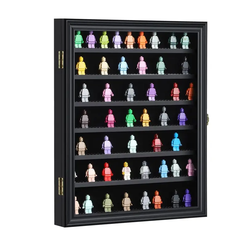 Minifigure Display Case - Miniature Action Figure Display Box - Wall Mount Figures Memorabilia Display Cabinet for with Uv Protected Anti Fade 92% Clear for Small Objects Lockable Large Black
