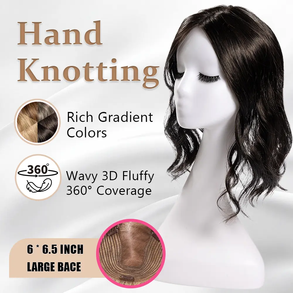 Wavy Synthetic Hair Topper for Women, 14-Inch Glueless Clip-In with a Full Cover 6"x6.5" Hand-Knotted Lace Base for Thinning Hair and Instant Volume