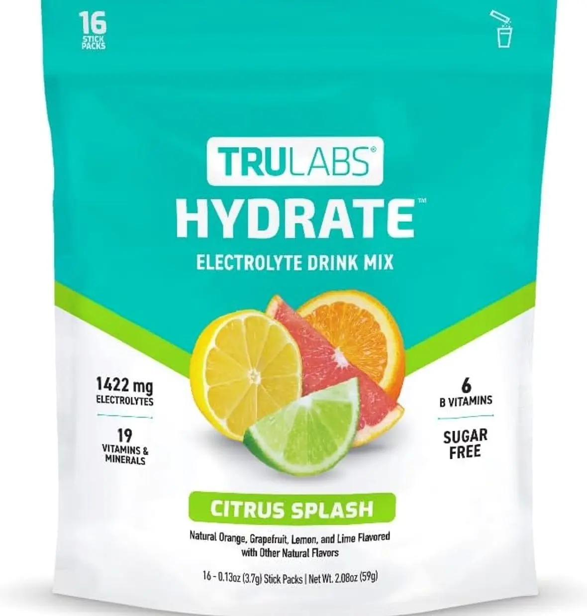 TRULABS Hydrate - Citrus Splash. Sugar Free Electrolytes Hydration Packets. Each Serving Contains 1422 mg of Electrolytes &19 Vitamins & Minerals (16 ct)