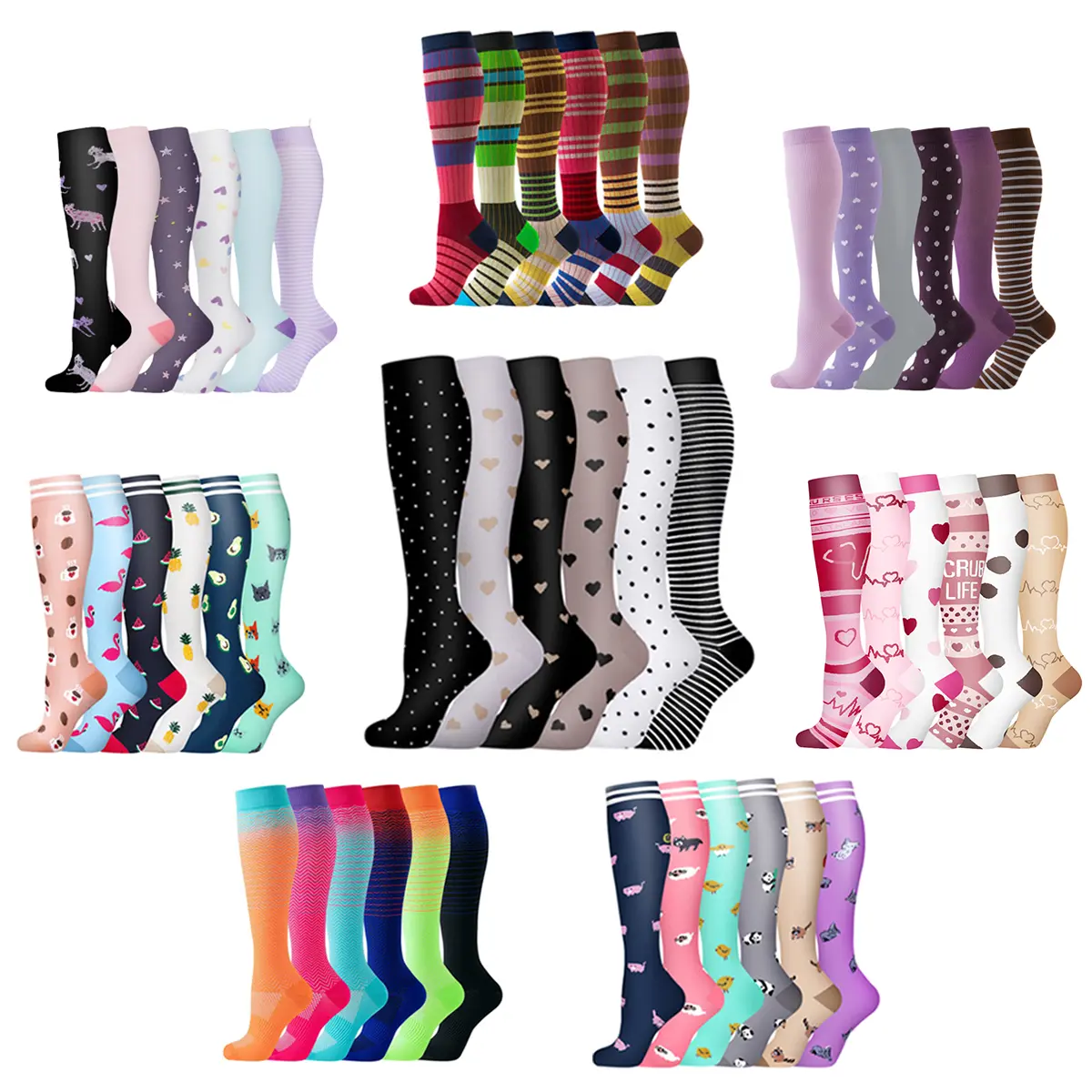 6 Pairs of Compression Socks for Running and Sports - Breathable Cotton Socks with Anti-Slipping and Friction Design - Christmas Day Socks