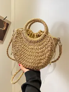 Artistic retro style grass woven bag, shell shaped bag paired with round handheld, drawstring drawstring and detachable crossbody shoulder strap, niche, personalized, fashionable and atmospheric shoulder bag, Weaving Purse