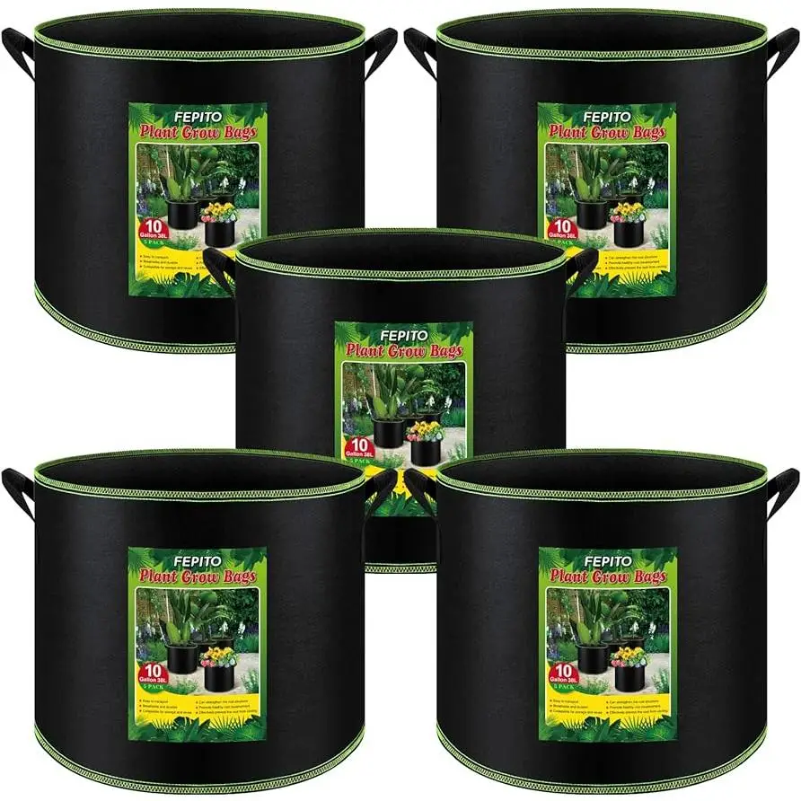 FEPITO 5 Pack 10 Gallon Grow Bags Heavy Duty Aeration Fabric Pots with Handles Thickened Nonwoven for Vegetables Fruits Flowers Portable Garden Plante