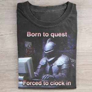 Born To Quest Forced To Clock In Shirt, Funny Gamer Work Meme Gift, Vintage Washed Black Tee, Unisex Fit Design, Gift for Men and Women
