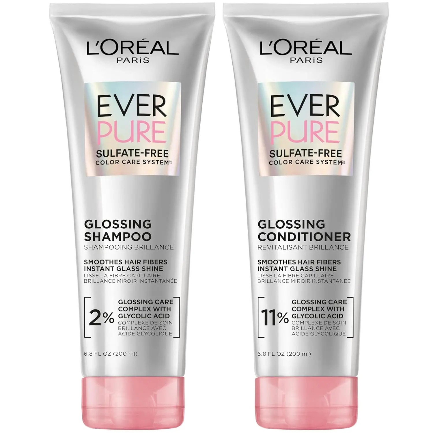 L’Oreal Paris Sulfate Free Glossing Shampoo and Conditioner Set with Glycolic Acid, Provides Intense Glass Shine & Smoothness, Suitable for Dull, Dry, and Color-Treated Hair, EverPure, 13.6 Fl Oz Set
