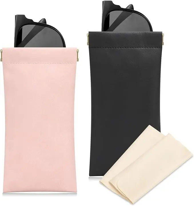 Women's 2-Piece Soft PU Leather Eyeglass Cases Black and Rose, Portable Squeeze-Top Sunglass Pouches for Eyewear Storage