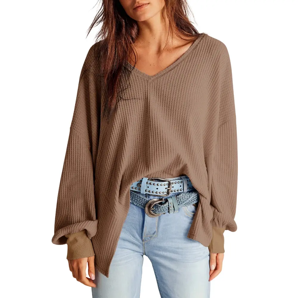 Dokotoo Womens Waffle Knit Tops Fashion Long Lantern Sleeve Casual Blouses V Neck Oversized T Shirts