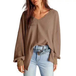 Dokotoo Womens Waffle Knit Tops Fashion Long Lantern Sleeve Casual Blouses V Neck Oversized T Shirts