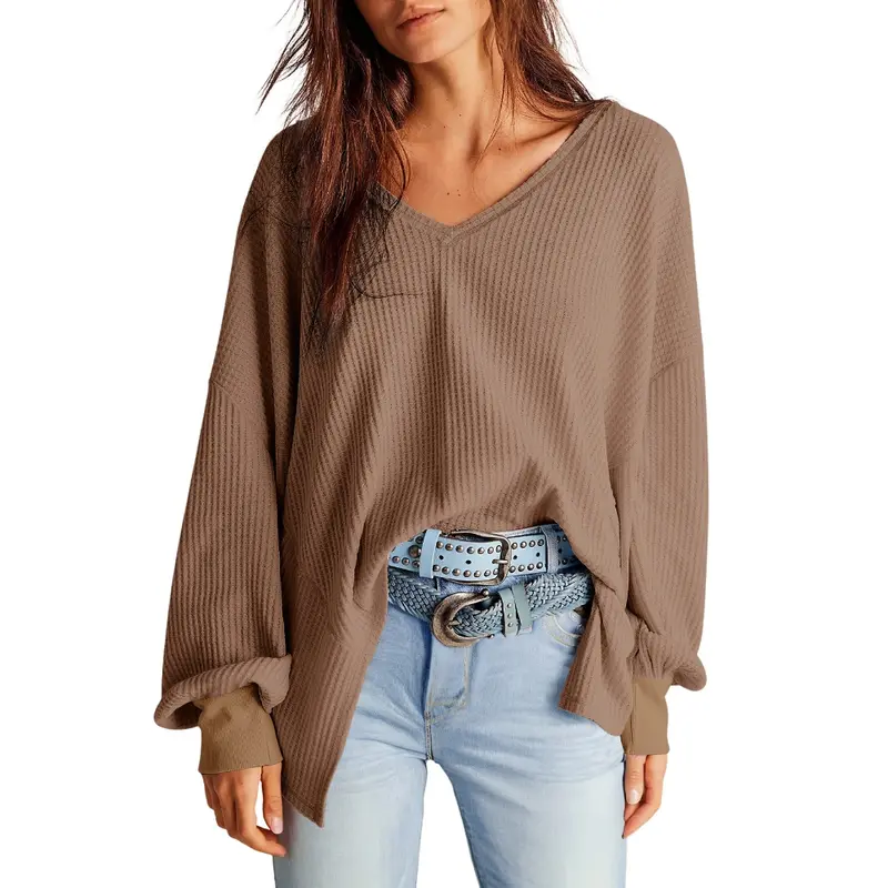 Dokotoo Womens Waffle Knit Tops Fashion Long Lantern Sleeve Casual Blouses V Neck Oversized T Shirts