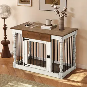 39" Wood Dog Crate End Table for Small & Medium Dogs, Elegant Indoor Kennel Furniture with Roman Column Design, White