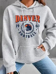 Women's Casual Everyday Hooded Sweatshirt, Denver Rugby Design Football, Comfortable Pullover, Front Pocket, Fall & Winter Long Sleeve