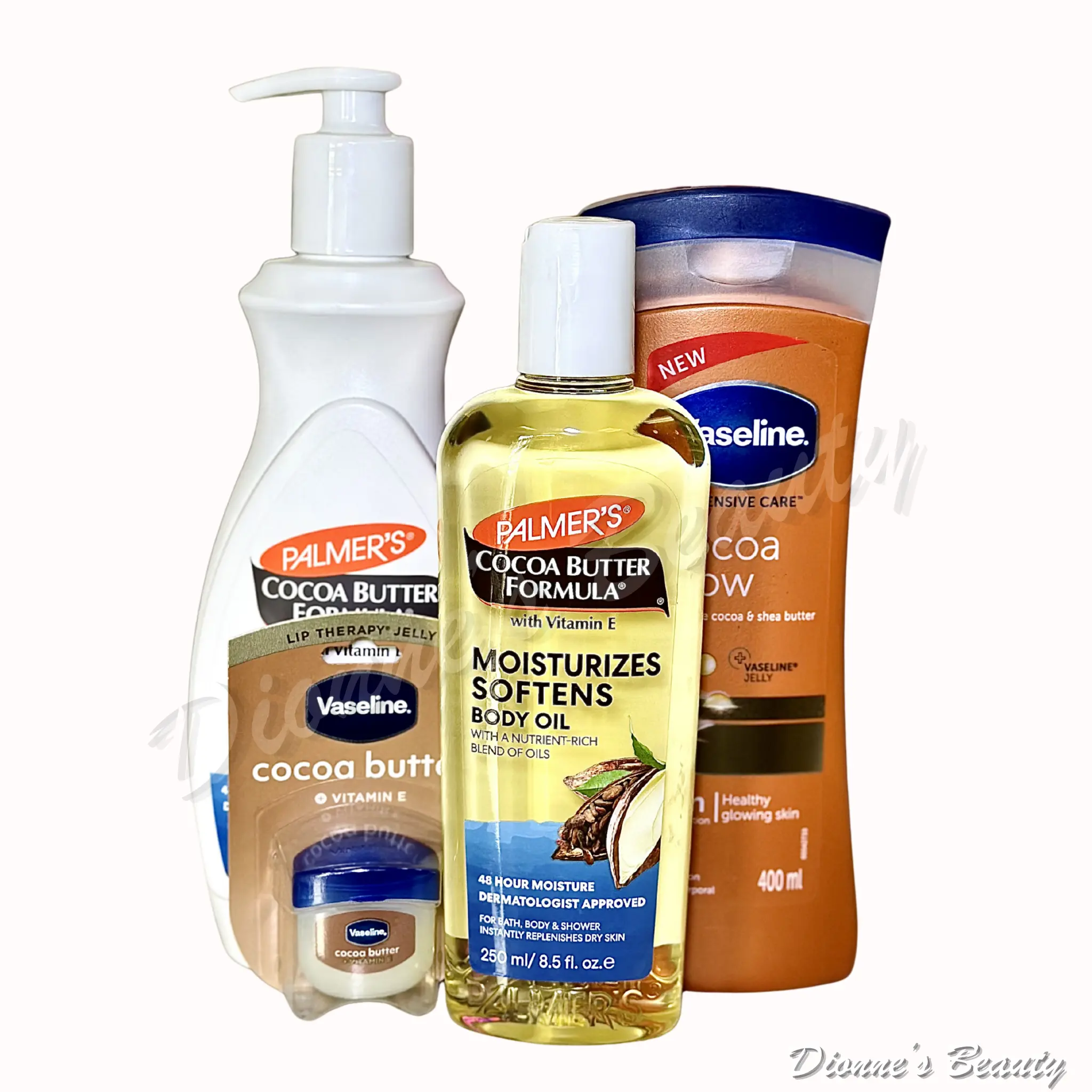 Golden Glow & Hydration Set (Palmer's Cocoa Butter Heals & Softens Lotion 13.5Oz + Vaseline Cocoa Glow Lotion 400mL + Palmer's Cocoa Butter Moisturizing Body Oil 8.5Fl.Oz + Vaseline Cocoa Butter Lip Therapy Jelly Jar 0.25 Oz)