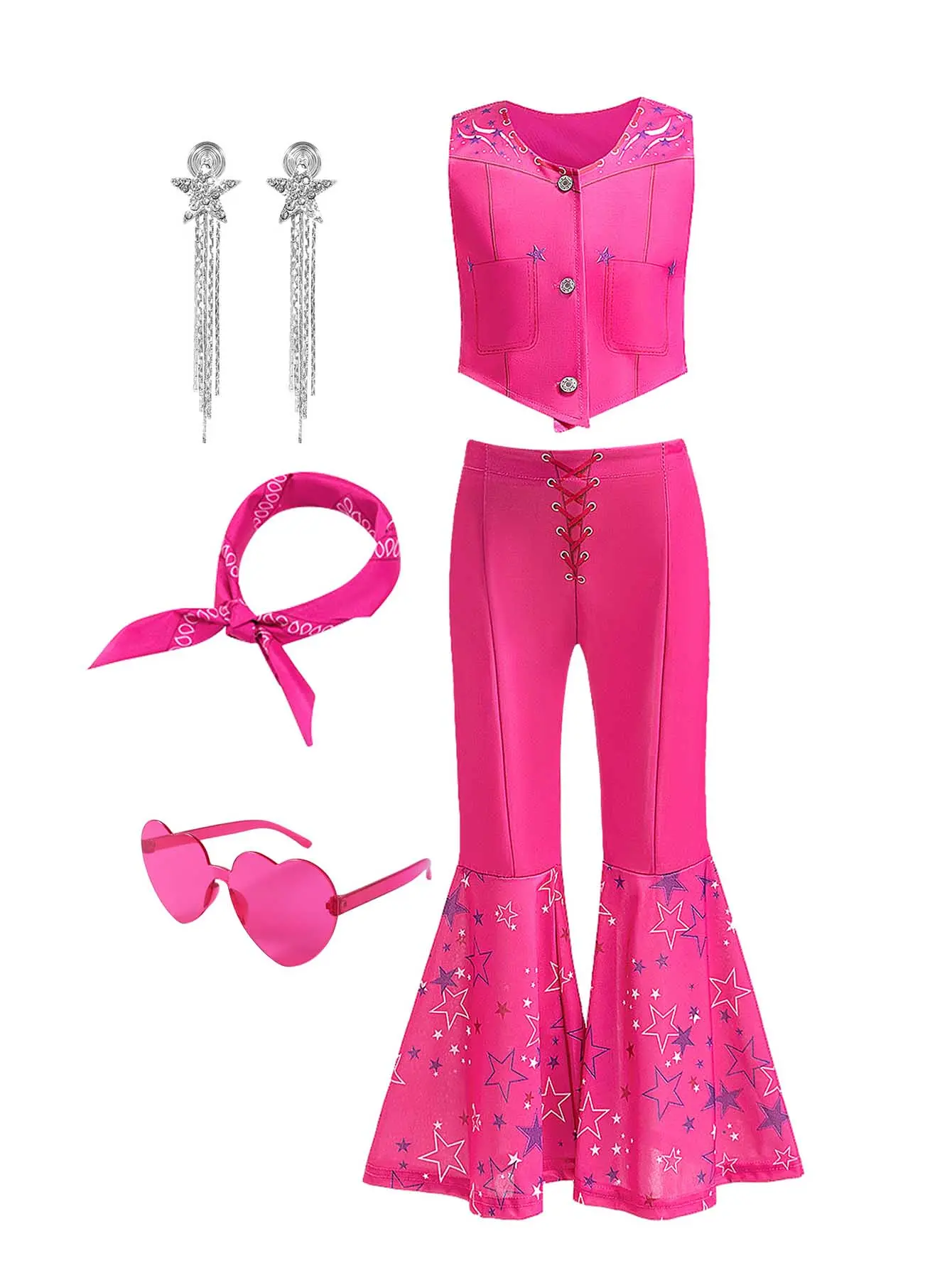 Girls' Cute Pink Disco Cowgirl 6-Piece Costume Set, Cotton Blend Clothes with Sleeveless Ruffle Top, Bell Bottom Pants, Paisley Scarf & Star Earrings for Halloween, School & Birthday Events